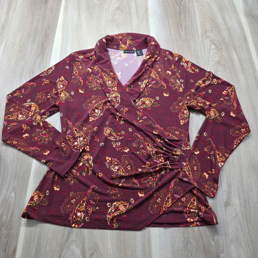 Tahari Blouse Paisley Wrap Top Surplice  Long Sleeve L Burgundy Womens V-Neck‎